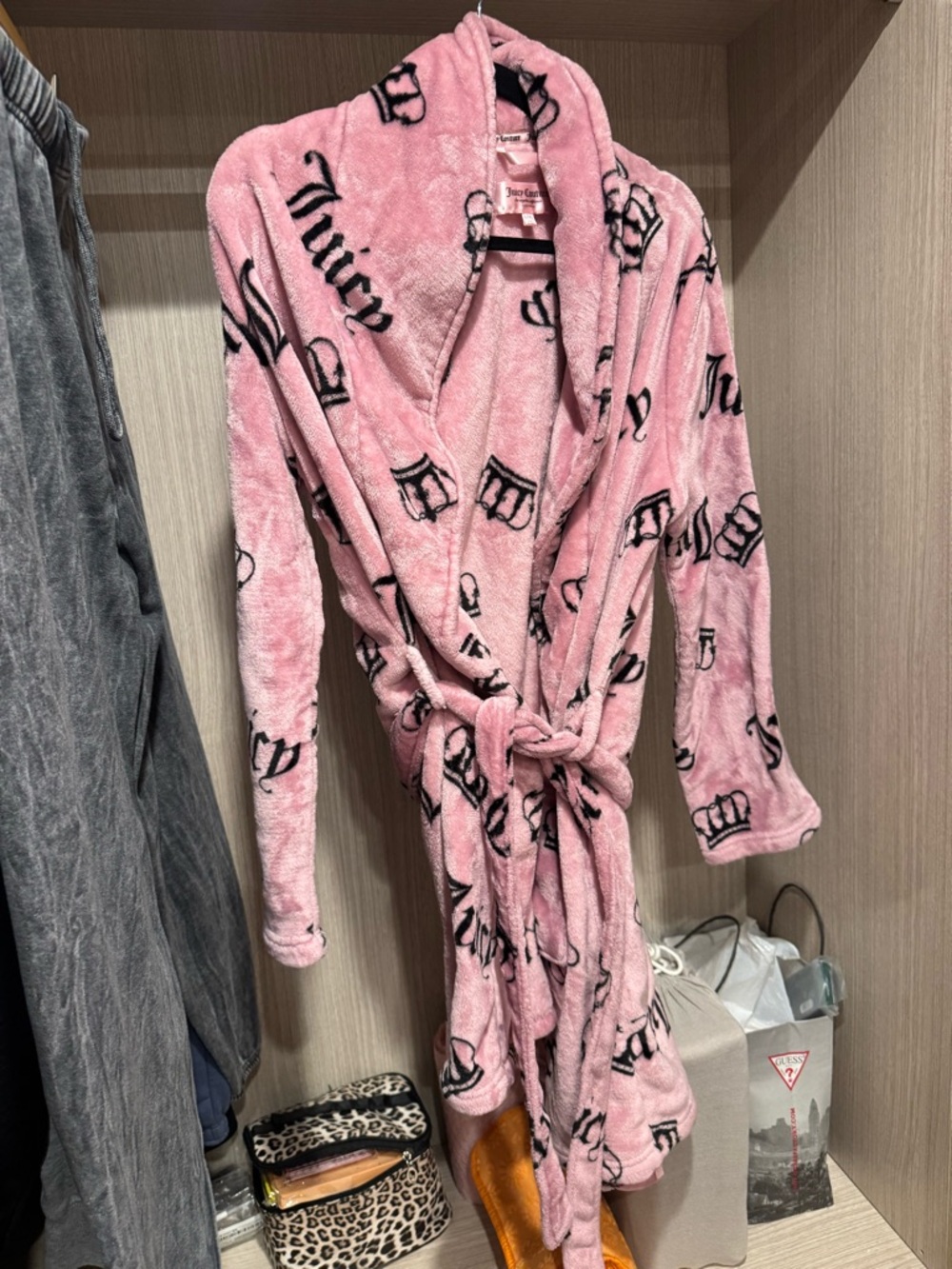 Juicy Couture Pink Plush Robe with Black Logo Hearts